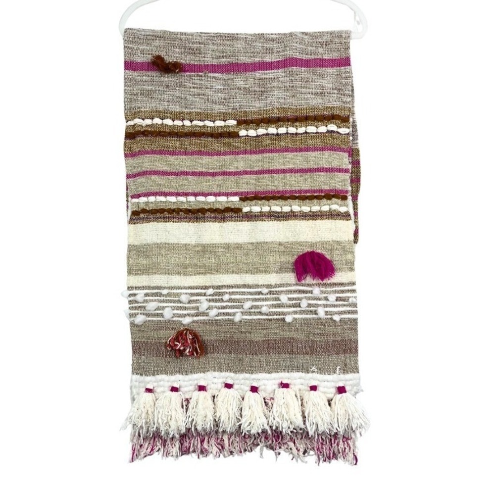 ALL ROADS Boho Table Runner Woven Fringe Tassel Neutral Pink Brown Cotton Blend